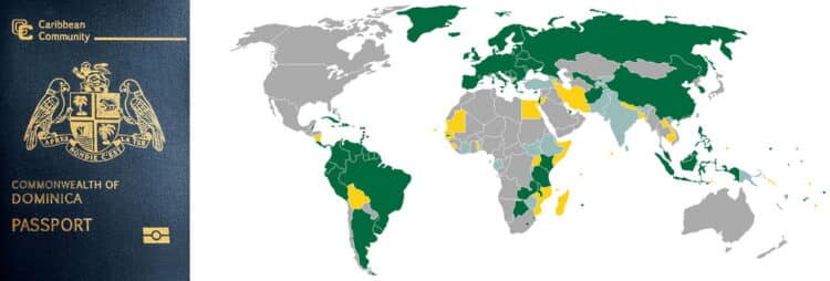 Visa-free countries for Dominica on map and passport