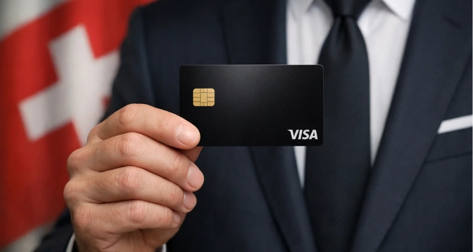 Businessman holding black Visa debit card with chip in front of Swiss flag – banking and finance concept for non-residents in Switzerland.
