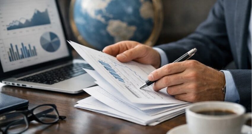 Offshore banking documents review, hands on papers and laptop"